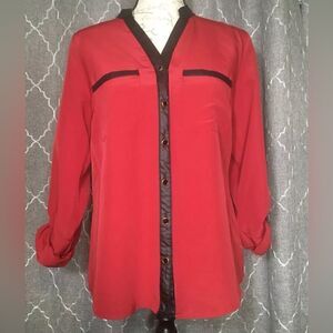 Notations Women's Red Rolltab Sleeve Button Down Top Blouse Shirt - Size S